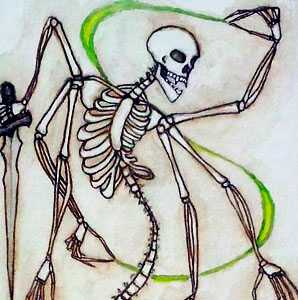 A six-armed skeleton with no legs holding a sword and weaving a ribbon of green energy
